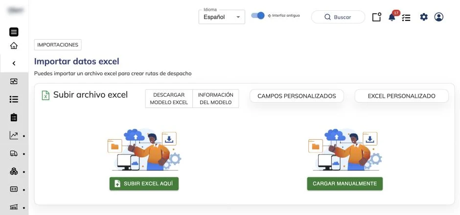 Pantalla Importar datos excel con los botones para descargar el modelo, subir el archivo y cargar manualmente