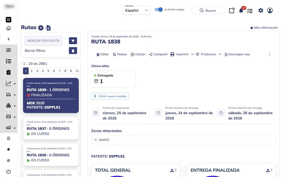Pantalla de rutas con el listado a la izquierda y el detalle de la ruta seleccionada a la derecha