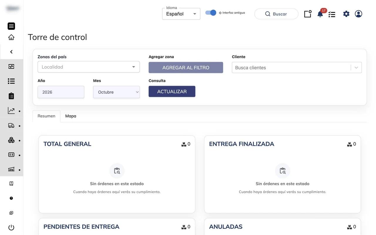 Torre de control con los filtros de zona, cliente, año y mes, y las tarjetas de total general, entrega finalizada, pendientes y anuladas
